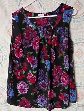 Talbots Black Top with Pink and Purple Floral Print